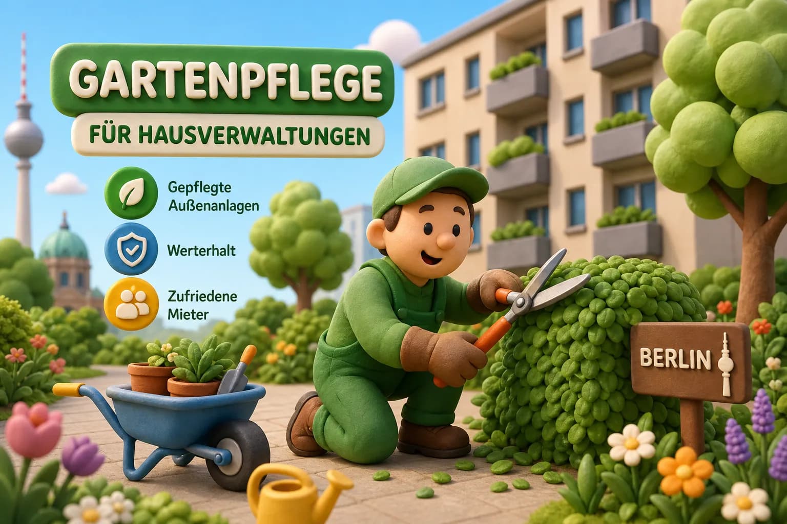 Gartenpflege für Hausverwaltungen in Berlin: Illustration eines Gärtners beim Heckenschnitt vor einer Wohnanlage